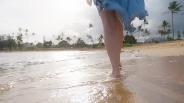 Tropical Hawaii Beach Slow Motion Back View Barefoot Woman Luxury — Vídeo de Stock