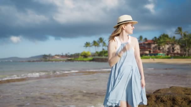 Happy Smiling Cheerful Stylish Woman Enjoying Sunshine Ocean Beach Cinematic — Video