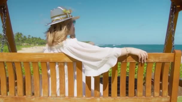 Romantic Summer Time Background Slow Motion Blonde Stylish Woman Swinging — Stock video