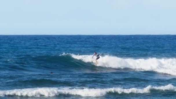 Surfer Riding Turning Spray Blue Ocean Wave Hawaii Island Coast — Stockvideo