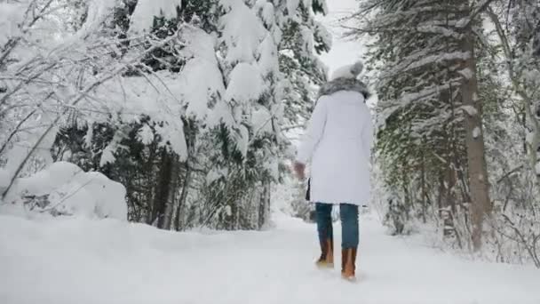 Giovane Viaggiatore Millenario Passeggiando Nella Bellissima Foresta Montana Vacanza Invernale — Video Stock