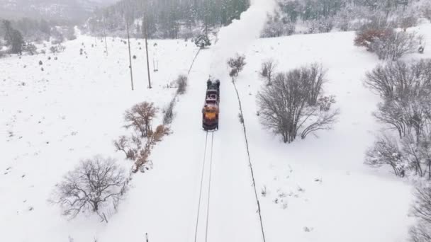 Winter Steam Train Scenic Mountains Snowy Winter Day Cinematic Train — Video Stock