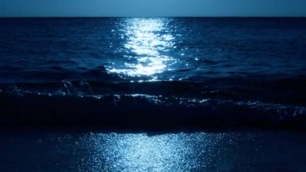 Starry Night Skyline Reflecting Idyllic Calm Ocean Waves Splashing Shore — Vídeo de stock