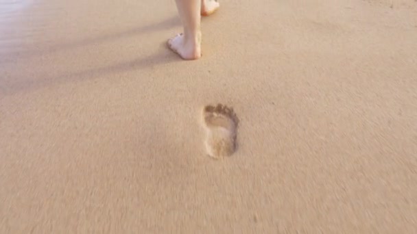 Close Shot Caucasian Feet Tourist Walking Beach Barefoot Woman Enjoying — Stock Video