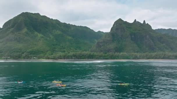 Active Tourists Enjoying Paddling Beautiful Haena Beach Napali Coast Hawaii — Video