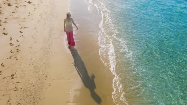 Drone Footage Female Tourist Colorful Summer Dress Enjoys Vacation Coastal — Vídeo de Stock
