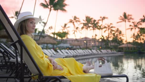 Young Sexy Stylish Woman White Straw Hat Bright Yellow Dress — Stock video