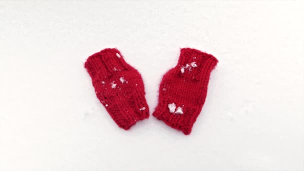 Cozy Red Knitted Mittens Isolated White Pure Snow Texture Background — Stok Video