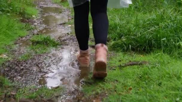 Acercamiento Piernas Mujer Botas Senderismo Rosa Caminando Por Charcos Lluvia — Vídeo de stock