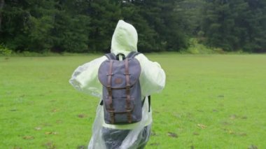 Üzüntü bunalımı karanlık duygular, yağmurlu bir sonbahar gününde sisli dağlarda ağaçların arasında yeşil çimlerde yürüyen üzgün kadın silueti. Yalnızlık, RED kamerada ağır çekimde sırt çantasıdır.