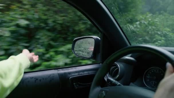 Woman Catching Rain Riding Green Rainforest Rainy Day Female Driver — Αρχείο Βίντεο