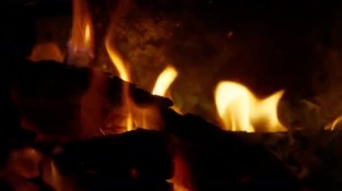 Family gathering, Winter vacation concept, copy background. Scenic bright flame burning in slow motion. Wooden log in fire place inside family house creating cozy atmosphere on winter holidays season