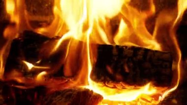 Scenic bright flame burning in slow motion. Wooden log in fire place inside family house creating cozy atmosphere on winter holidays season. Family gathering, Winter vacation concept, copy background