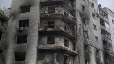 March, 2022. Borodianka, Ukraine. Destroyed residential building by rockets and bombs. Collapsed apartment house struck by Russian bombardment. High quality 4k footage