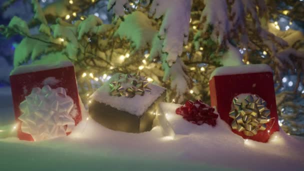 Снежинки Летят Замедленной Съемке Над Рождественскими Подарками Волшебном Лесу Фоне — стоковое видео