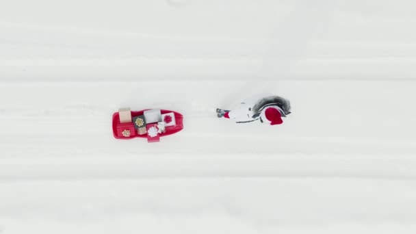 Nad Głową Zdjęcie Lotnicze Kobiety Śmiesznym Santa Claus Czerwony Kapelusz — Wideo stockowe