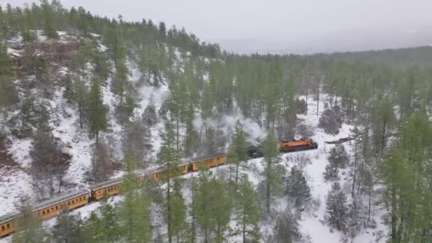 Aerial Steam Locomotive Train Engine Rides Picturesque Winter Heavy Snow — Vídeos de Stock