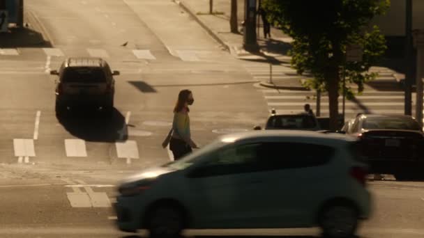 Silhouette Unrecognizable Person Walking Dog Urban City Street Golden Morning — Αρχείο Βίντεο