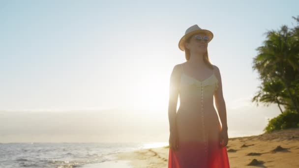 Romantic Woman Enjoying Summer Holidays Silhouette Happy Young Stylish Woman — Video