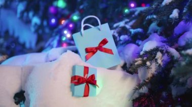 Mutlu Noel arifesinde karlı köknar dalında güzel hediyelerle geçen kış görüntüleri. Sürpriz mavi hediye çantası ve dışarıda Noel ağacı üzerinde kırmızı saten kurdeleler olan hediye kutusu. Sihirli Kış arka planı