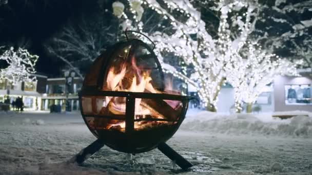 Slow Motion Mooie Vreugdevuur Buiten Magische Kerstavond Achtergrond Brandend Kampvuur — Stockvideo