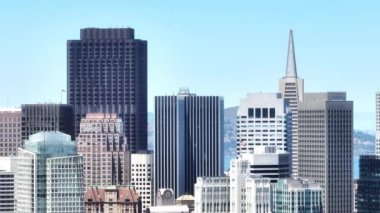 SAN FRANCISCO, North America, West Coast, California. Aerial flying over the futuristic skyline of business and financial centre of San Francisco downtown. Financial economy, technology global capital