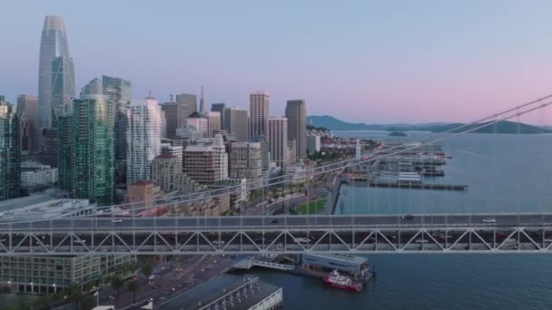 Modern Architecture Waterfront Skyscraper Glass Buildings Scenic Bay Bridge San — Stok video