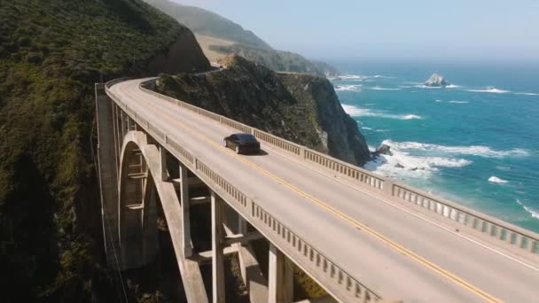 Electric Car Driving Scenic Bridge Cinematic Ocean Background Electric Sedan — стоковое видео