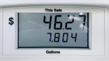 Static shot of gasoline price counter on display showing gas price on digital display, gas pump meter running at gas station. The highest maximum fuel price increase due to inflation in California USA