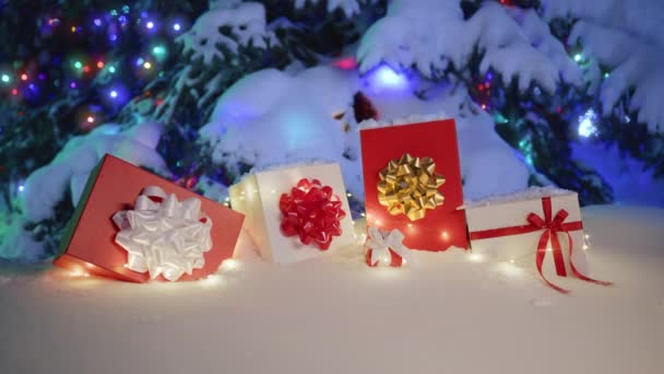 Many Red White Gift Boxes Christmas Decorations Beautiful Decorated Christmas — Video Stock