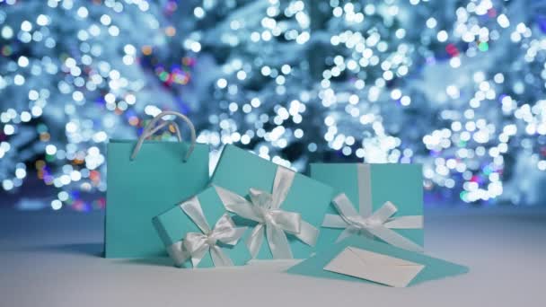 New Year Background Elegant Blue Gift Boxes White Ribbon Happy — Stok video