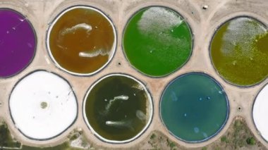Aerial view of the aeration stations colorful tanks. Process of the sewage water treatment as seen from top. Colorful industrial ponds on Kauai island Hawaii USA. 4K landfill ecology environment shot