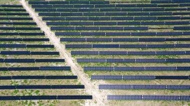 Alternative electricity. Use of renewable resources for energy generation. Aerial view of the solar farm located on the vast field on tropical island meadow in Hawaii USA 4K scenic drone footage
