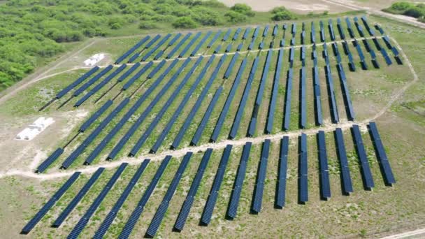 Aerial View Solar Farm Located Vast Field Tropical Island Meadow — Stockvideo