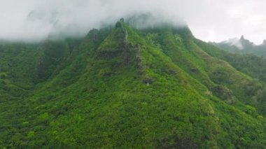 Cinematic scenery tropical rainforest climate during global warming. Aerial shot flying in the clouds covering green mountain peaks on Na Pali coast National park, in Kauai island, Hawaii state, USA