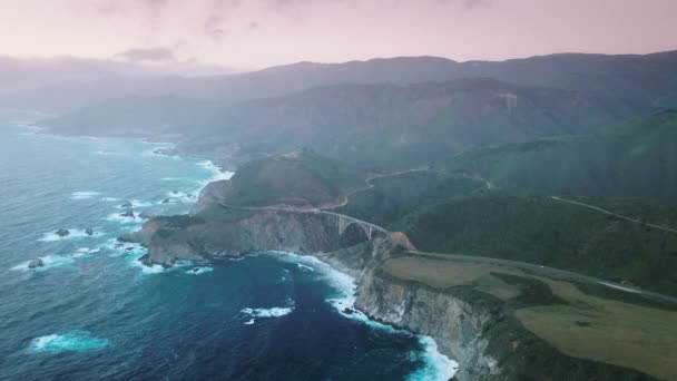 Aerial View Cinematic Landscape Washed Pacific Ocean Big Sur California — ストック動画