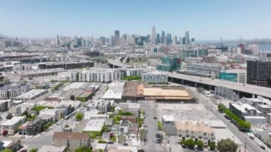 San Francisco Financial District, Downtown with 80 highway view. Drone footage over commercial blocks of the City with contemporary architecture and urban landscape. High quality 4k footage