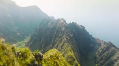 Aerial above breathtaking mountain ridge at end of Awaawapuhi Trail, Kokee State wilderness park on Na Pali coast of North Shore Kauai island, Hawaii USA. Cinematic nature landscape background 4K
