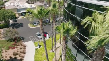 Electric cars charging on city background. Vehicles using renewable energy, 4K aerial on summer day. Car charging on the background of modern business park in the city center. Charging electric cars
