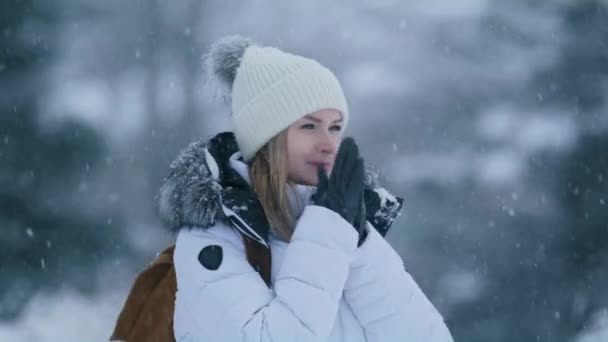 Portrait Attractive Blonde Woman Walking Park Winter Warming Hands Snowy — ストック動画
