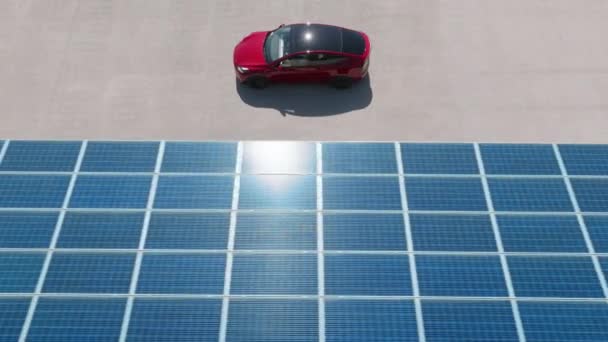 Alternative Energy Ecological Cars Blue Solar Batteries Aerial View Red — Video