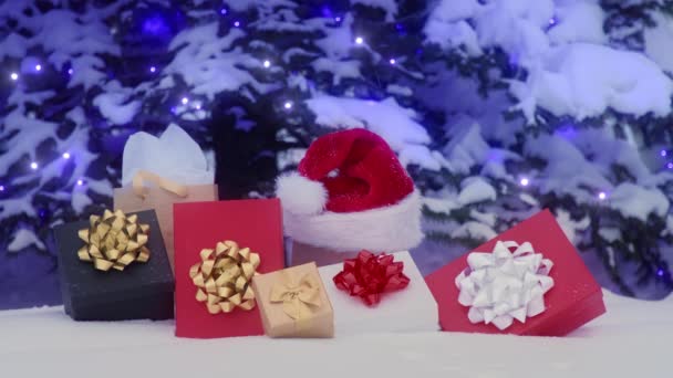 Amazing Stack Colorful Gifts Snowy Christmas Tree Glowing Christmas Tree — Video