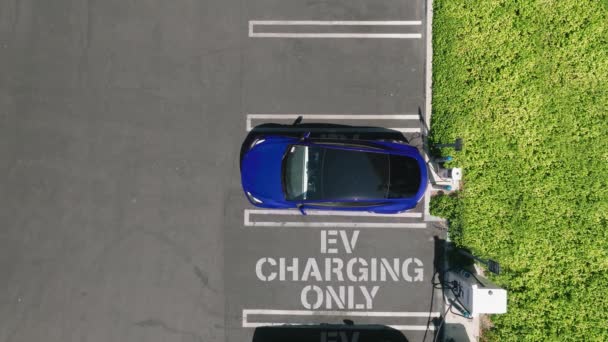 Aerial View Blue Car Charging Green Business Park Electric Zero — Stock videók