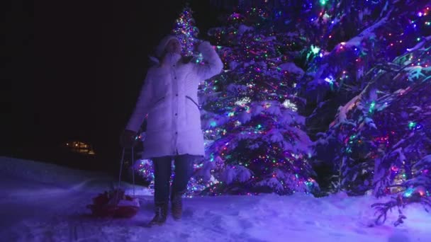 Slow Motion Christmas Gifts Delivery Glowing Colorful Winter Wonderland Forest — Vídeo de stock