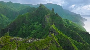 Mysterious dramatic nature landscape of green mountains with scenic peaks on cloudy day in rainforest jungles overseeing ocean coast. Jurassic world park on remote tropical island of Kauai, Hawaii USA
