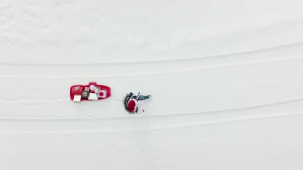 Woman Santa Claus Costume Walking Fresh White Snow Red Sled — Video Stock