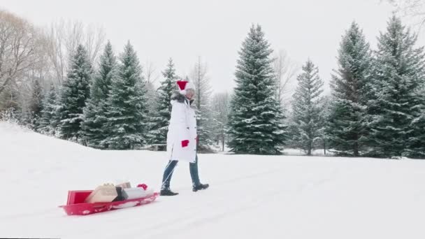 Різдвяний Фон Жінка Капелюсі Санта Клауса Йде Білому Снігу Тягнучи — стокове відео