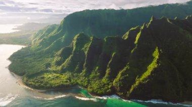 Amazing view from Kalalau trail in Haena State park on North shore of Kauai island. Great landscape of Hawaiian island peaks. Hawaii landmarks, travel destination, aerial view over Kauai jungles 4K