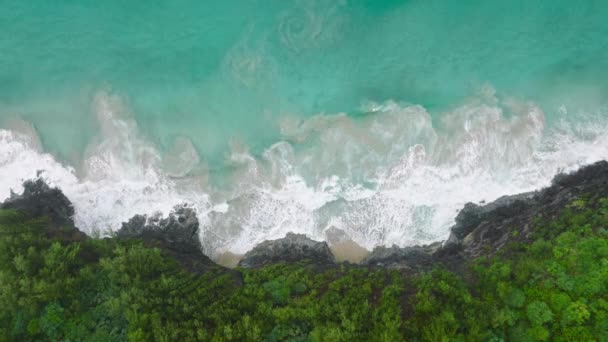Вгорі Донизу Мальовничому Світлі Тихі Блакитні Океанські Хвилі Розбиваються Скелястий — стокове відео