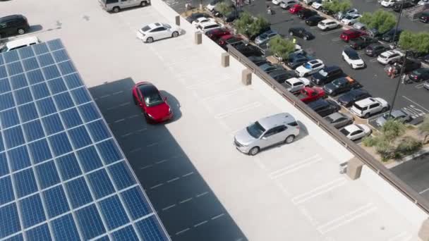 Ecology Concept Aerial Footage Electric Car Driving Solar Power Station — Vídeo de stock